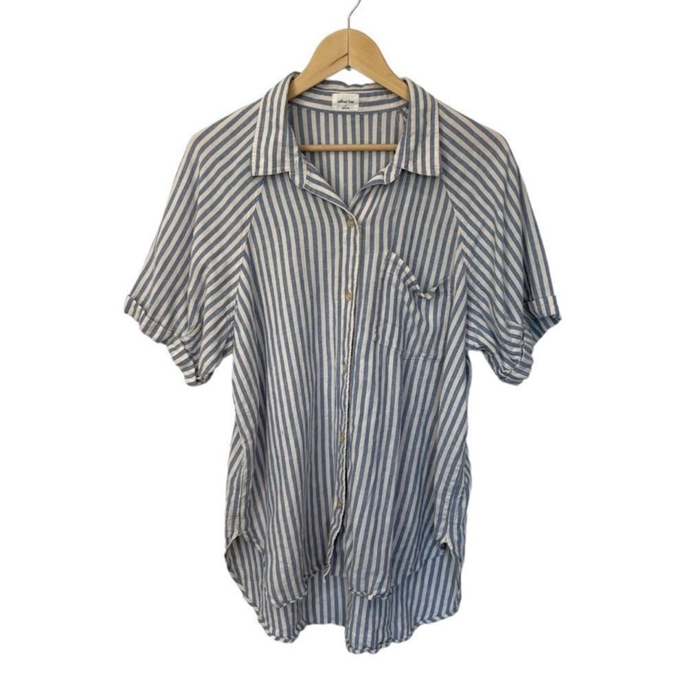 Aritzia Widred Free Boyfriend Linen Blend Striped Button Front Blouse, Large